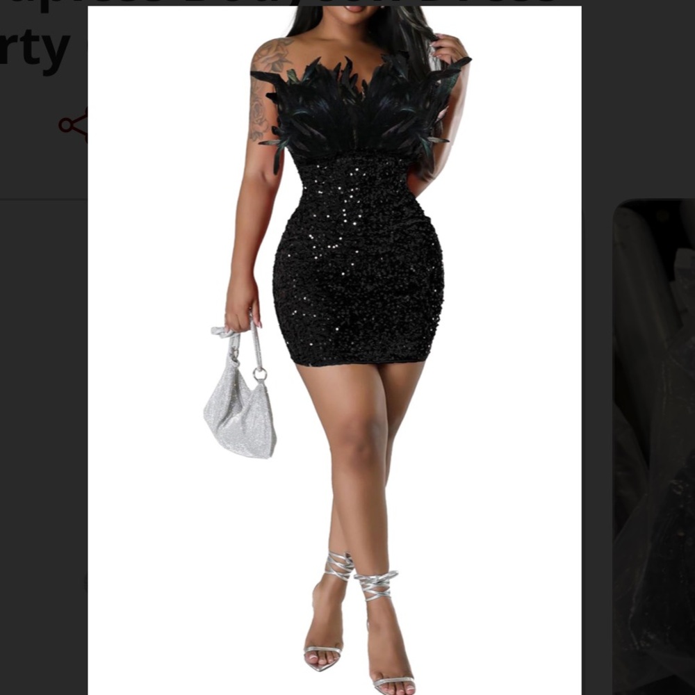 NWNT Black Strapless Feather Sequins Bodycon Dress